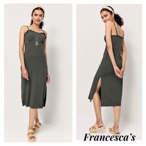 New Francesca's Sally Rib Knit Ruffle Trim Olive Green Midi Dress